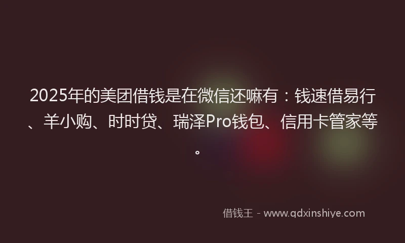 2025年的美团借钱是在微信还嘛有：钱速借易行、羊小购、时时贷、瑞泽Pro钱包、信用卡管家等。