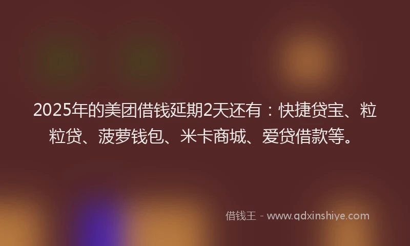2025年的美团借钱延期2天还有：快捷贷宝、粒粒贷、菠萝钱包、米卡商城、爱贷借款等。
