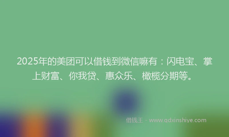2025年的美团可以借钱到微信嘛有：闪电宝、掌上财富、你我贷、惠众乐、橄榄分期等。
