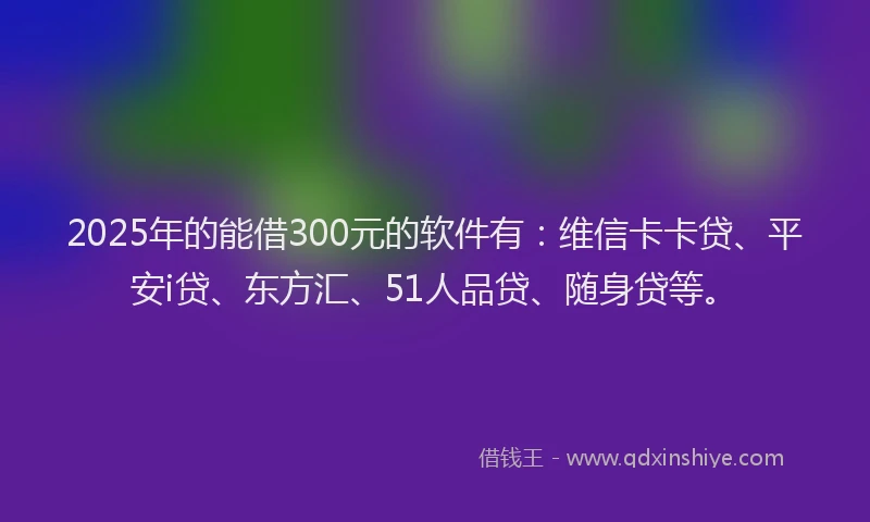 2025年的能借300元的软件有：维信卡卡贷、平安i贷、东方汇、51人品贷、随身贷等。