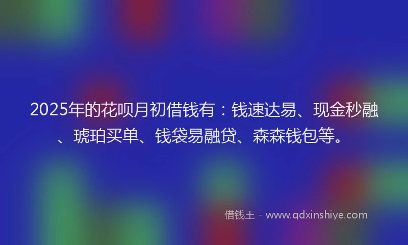 2025年的花呗月初借钱有：钱速达易、现金秒融、琥珀买单、钱袋易融贷、森森钱包等。