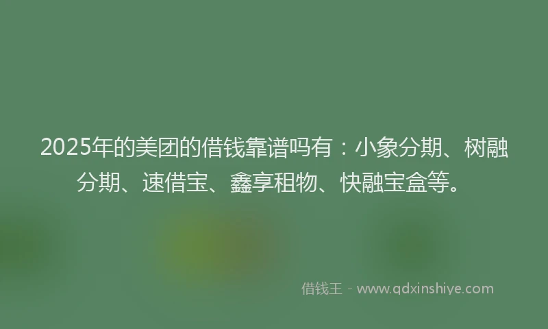 2025年的美团的借钱靠谱吗有：小象分期、树融分期、速借宝、鑫享租物、快融宝盒等。