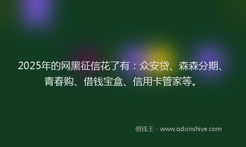 2025年的网黑征信花了有：众安贷、森森分期、青春购、借钱宝盒、信用卡管家等。