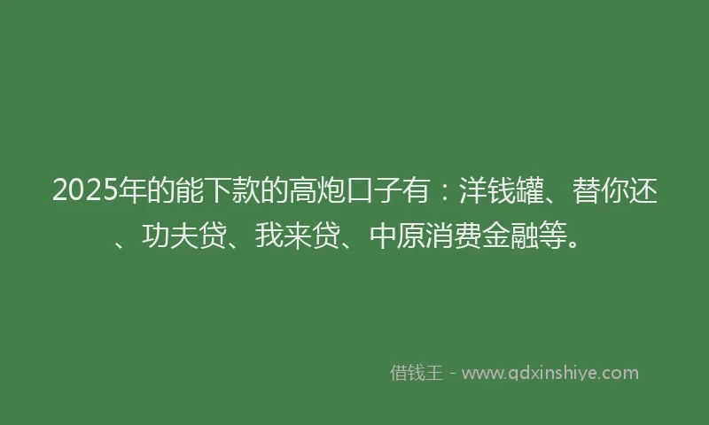 2025年的能下款的高炮口子有：洋钱罐、替你还、功夫贷、我来贷、中原消费金融等。