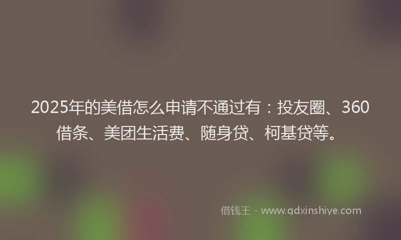 2025年的美借怎么申请不通过有：投友圈、360借条、美团生活费、随身贷、柯基贷等。