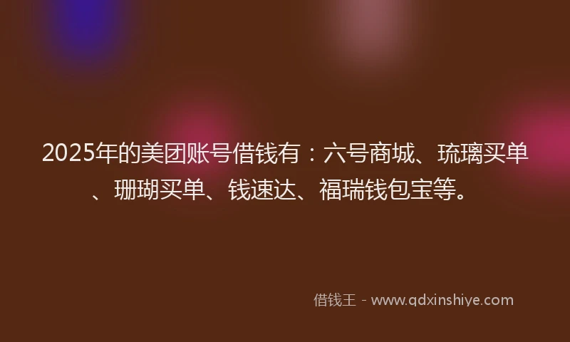 2025年的美团账号借钱有：六号商城、琉璃买单、珊瑚买单、钱速达、福瑞钱包宝等。