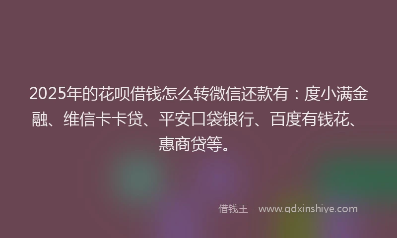 2025年的花呗借钱怎么转微信还款有：度小满金融、维信卡卡贷、平安口袋银行、百度有钱花、惠商贷等。
