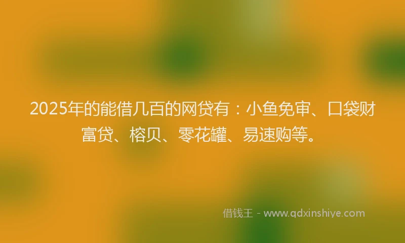 2025年的能借几百的网贷有：小鱼免审、口袋财富贷、榕贝、零花罐、易速购等。