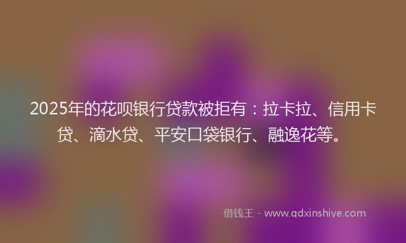 2025年的花呗银行贷款被拒有：拉卡拉、信用卡贷、滴水贷、平安口袋银行、融逸花等。