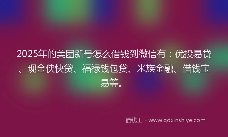 2025年的美团新号怎么借钱到微信有：优投易贷、现金侠快贷、福禄钱包贷、米族金融、借钱宝易等。