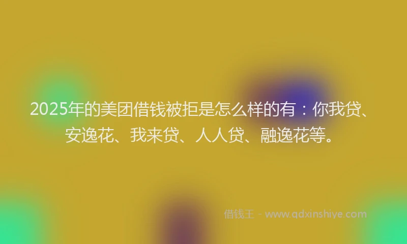 2025年的美团借钱被拒是怎么样的有：你我贷、安逸花、我来贷、人人贷、融逸花等。