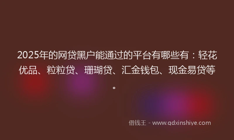 2025年的网贷黑户能通过的平台有哪些有：轻花优品、粒粒贷、珊瑚贷、汇金钱包、现金易贷等。