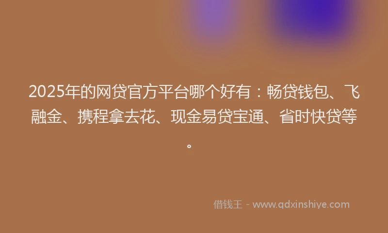 2025年的网贷官方平台哪个好有：畅贷钱包、飞融金、携程拿去花、现金易贷宝通、省时快贷等。