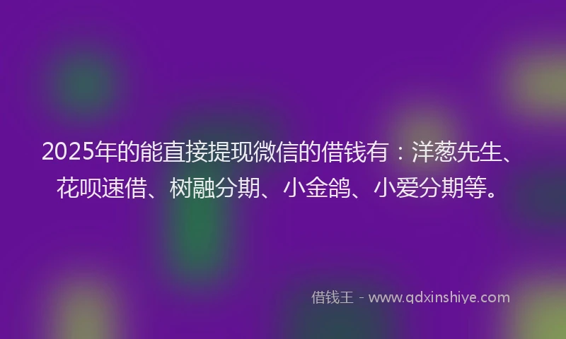 2025年的能直接提现微信的借钱有：洋葱先生、花呗速借、树融分期、小金鸽、小爱分期等。