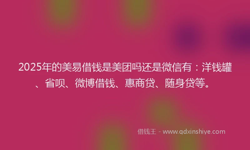 2025年的美易借钱是美团吗还是微信有：洋钱罐、省呗、微博借钱、惠商贷、随身贷等。