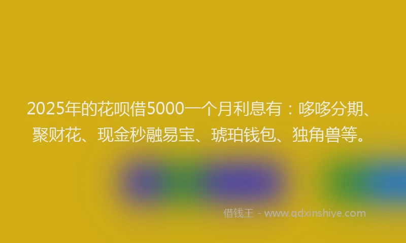 2025年的花呗借5000一个月利息有：哆哆分期、聚财花、现金秒融易宝、琥珀钱包、独角兽等。