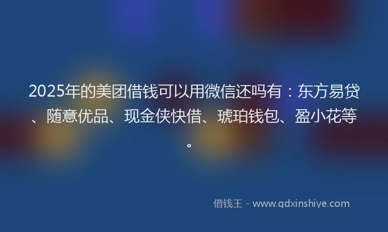 2025年的美团借钱可以用微信还吗有：东方易贷、随意优品、现金侠快借、琥珀钱包、盈小花等。