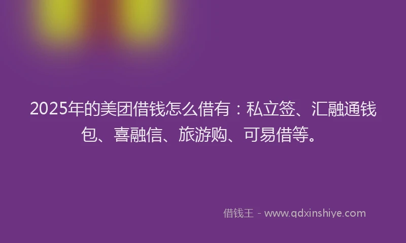 2025年的美团借钱怎么借有：私立签、汇融通钱包、喜融信、旅游购、可易借等。