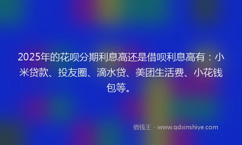 2025年的花呗分期利息高还是借呗利息高有：小米贷款、投友圈、滴水贷、美团生活费、小花钱包等。