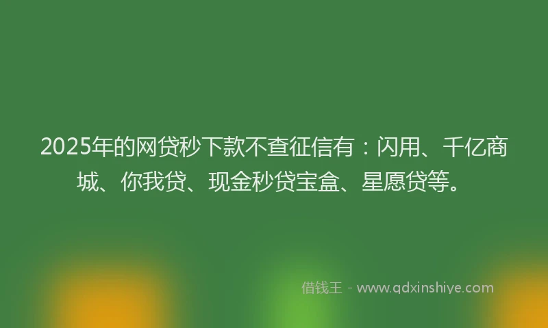 2025年的网贷秒下款不查征信有：闪用、千亿商城、你我贷、现金秒贷宝盒、星愿贷等。