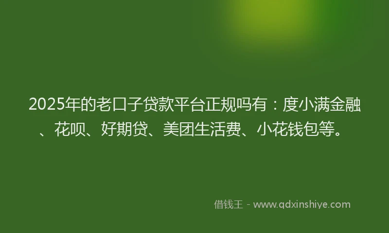 2025年的老口子贷款平台正规吗有：度小满金融、花呗、好期贷、美团生活费、小花钱包等。