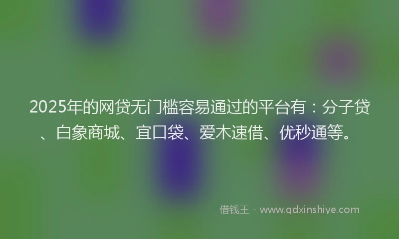 2025年的网贷无门槛容易通过的平台有：分子贷、白象商城、宜口袋、爱木速借、优秒通等。