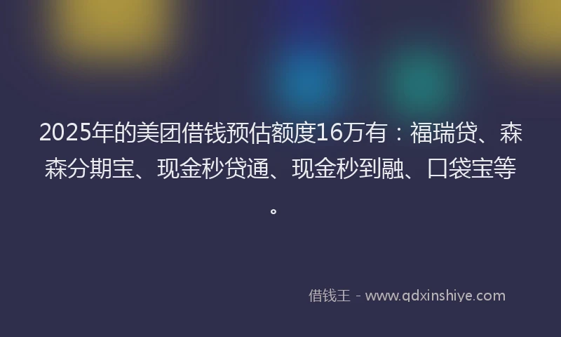 2025年的美团借钱预估额度16万有：福瑞贷、森森分期宝、现金秒贷通、现金秒到融、口袋宝等。