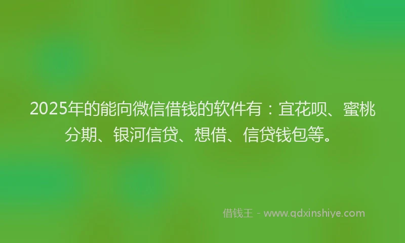 2025年的能向微信借钱的软件有：宜花呗、蜜桃分期、银河信贷、想借、信贷钱包等。