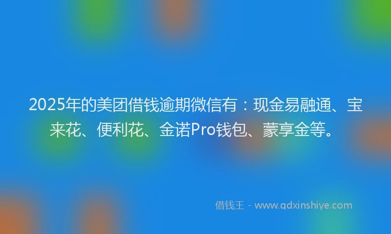 2025年的美团借钱逾期微信有：现金易融通、宝来花、便利花、金诺Pro钱包、蒙享金等。
