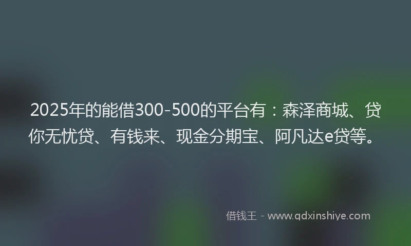 2025年的能借300-500的平台有：森泽商城、贷你无忧贷、有钱来、现金分期宝、阿凡达e贷等。