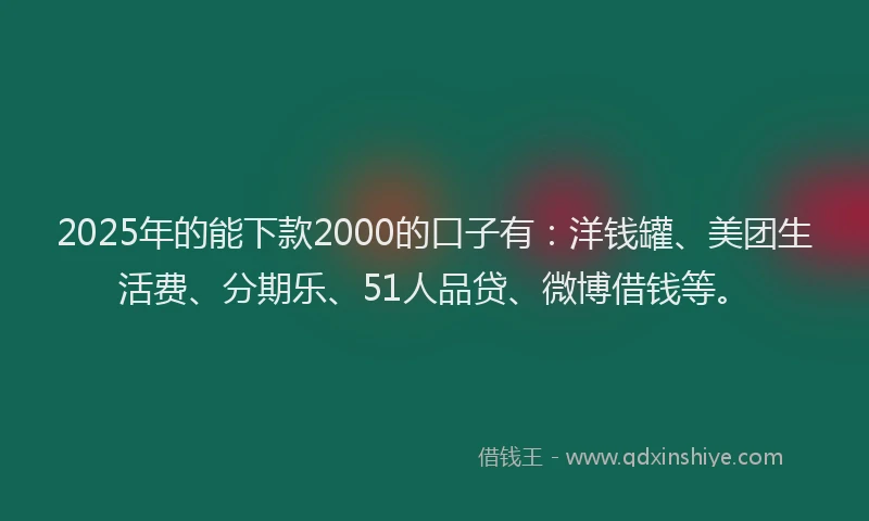 2025年的能下款2000的口子有：洋钱罐、美团生活费、分期乐、51人品贷、微博借钱等。