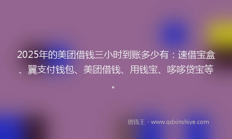 2025年的美团借钱三小时到账多少有：速借宝盒、翼支付钱包、美团借钱、用钱宝、哆哆贷宝等。