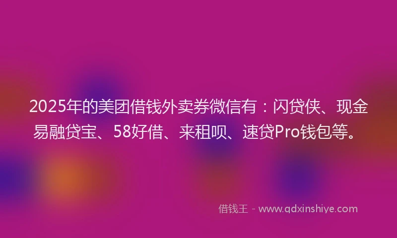2025年的美团借钱外卖券微信有：闪贷侠、现金易融贷宝、58好借、来租呗、速贷Pro钱包等。