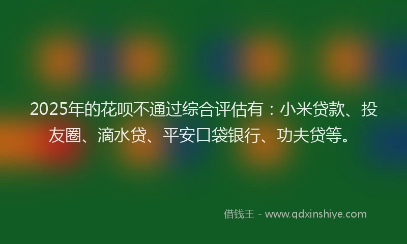 2025年的花呗不通过综合评估有：小米贷款、投友圈、滴水贷、平安口袋银行、功夫贷等。