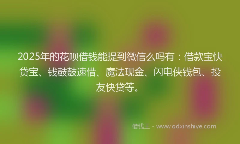 2025年的花呗借钱能提到微信么吗有：借款宝快贷宝、钱鼓鼓速借、魔法现金、闪电侠钱包、投友快贷等。