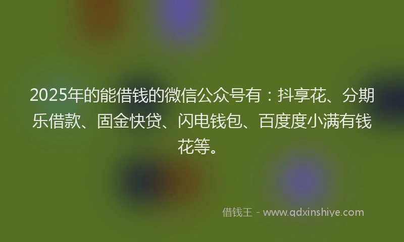 2025年的能借钱的微信公众号有：抖享花、分期乐借款、固金快贷、闪电钱包、百度度小满有钱花等。