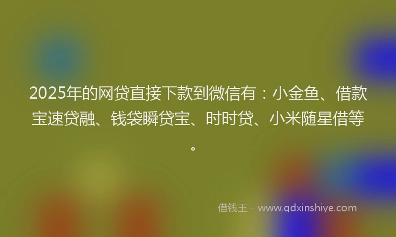 2025年的网贷直接下款到微信有:小金鱼、借款宝速贷融、钱袋瞬贷宝、时时贷、小米随星借等。