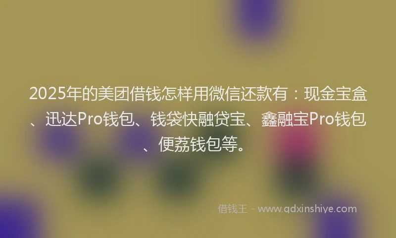 2025年的美团借钱怎样用微信还款有：现金宝盒、迅达Pro钱包、钱袋快融贷宝、鑫融宝Pro钱包、便荔钱包等。
