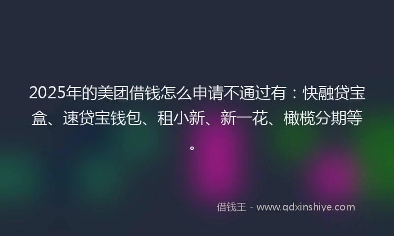 2025年的美团借钱怎么申请不通过有：快融贷宝盒、速贷宝钱包、租小新、新一花、橄榄分期等。