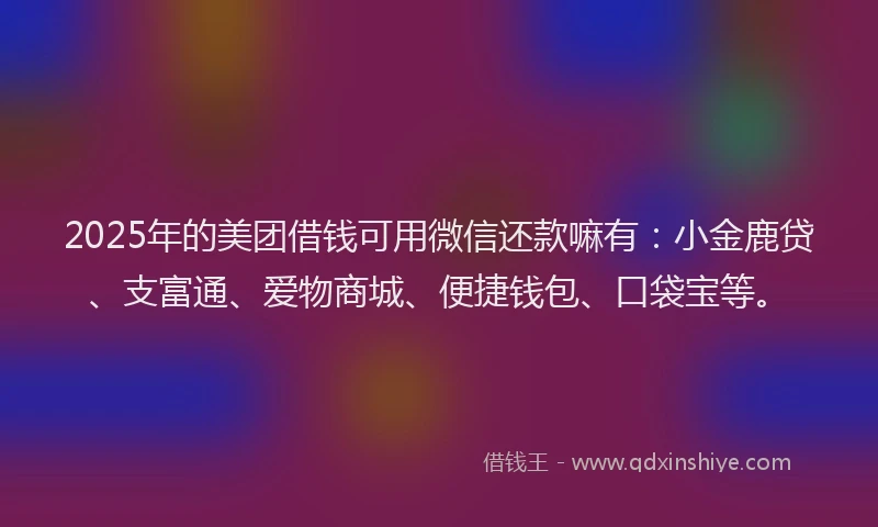 2025年的美团借钱可用微信还款嘛有：小金鹿贷、支富通、爱物商城、便捷钱包、口袋宝等。
