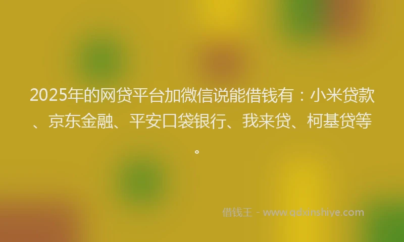 2025年的网贷平台加微信说能借钱有：小米贷款、京东金融、平安口袋银行、我来贷、柯基贷等。