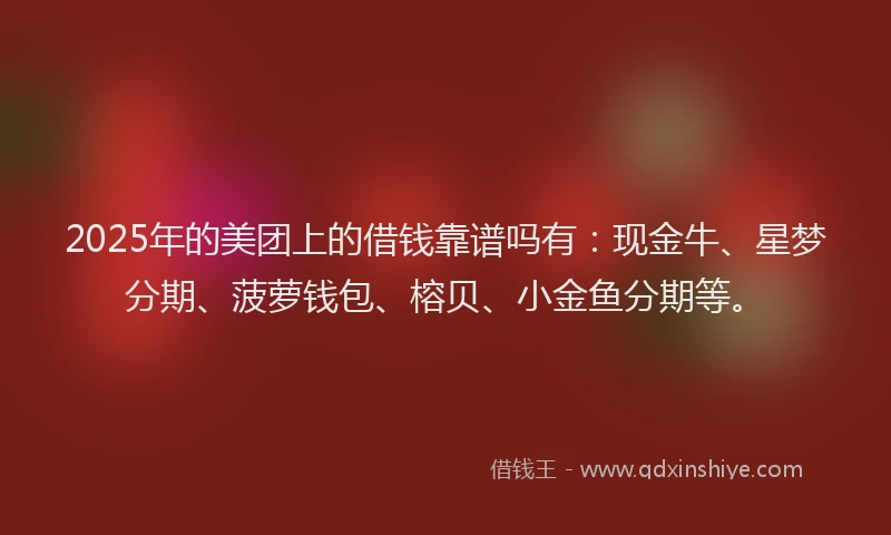 2025年的美团上的借钱靠谱吗有：现金牛、星梦分期、菠萝钱包、榕贝、小金鱼分期等。