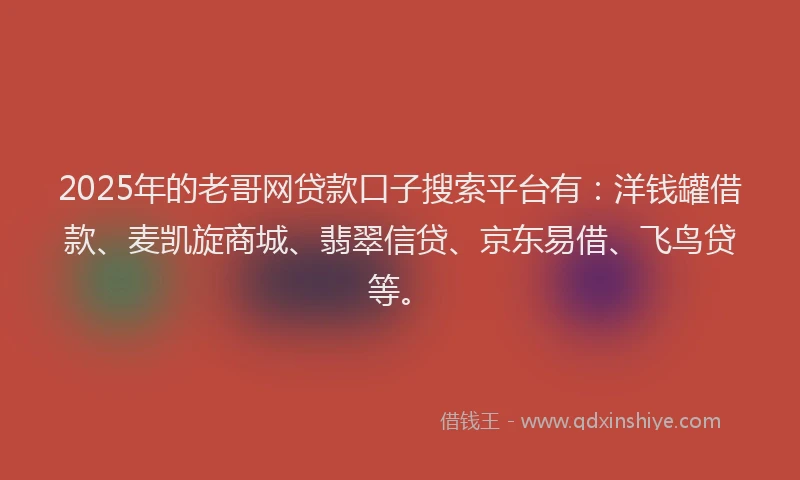 2025年的老哥网贷款口子搜索平台有：洋钱罐借款、麦凯旋商城、翡翠信贷、京东易借、飞鸟贷等。