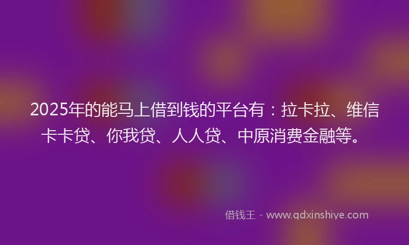 2025年的能马上借到钱的平台有：拉卡拉、维信卡卡贷、你我贷、人人贷、中原消费金融等。