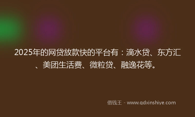 2025年的网贷放款快的平台有：滴水贷、东方汇、美团生活费、微粒贷、融逸花等。