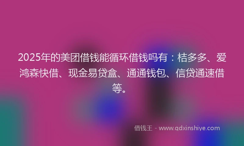 2025年的美团借钱能循环借钱吗有：桔多多、爱鸿森快借、现金易贷盒、通通钱包、信贷通速借等。