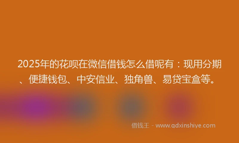 2025年的花呗在微信借钱怎么借呢有：现用分期、便捷钱包、中安信业、独角兽、易贷宝盒等。