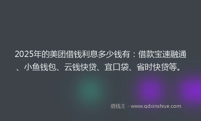 2025年的美团借钱利息多少钱有：借款宝速融通、小鱼钱包、云钱快贷、宜口袋、省时快贷等。