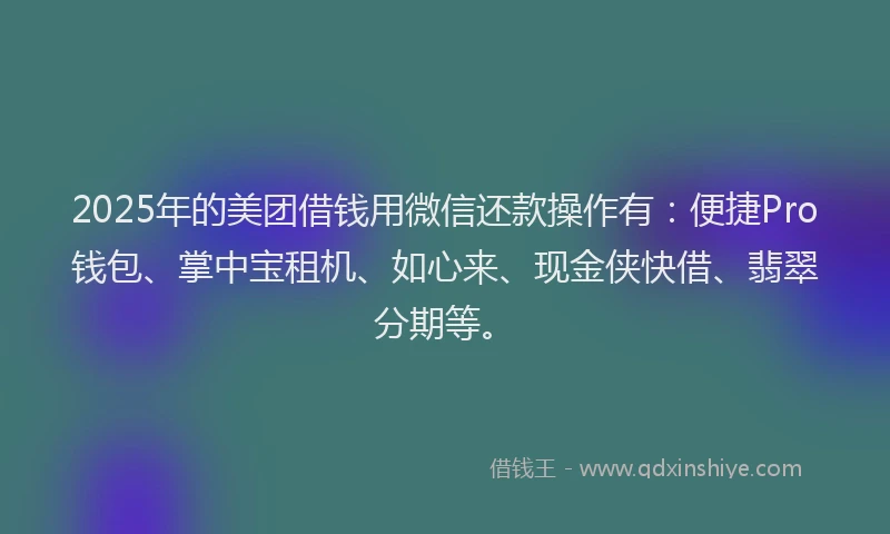 2025年的美团借钱用微信还款操作有:便捷Pro钱包、掌中宝租机、如心来、现金侠快借、翡翠分期等。