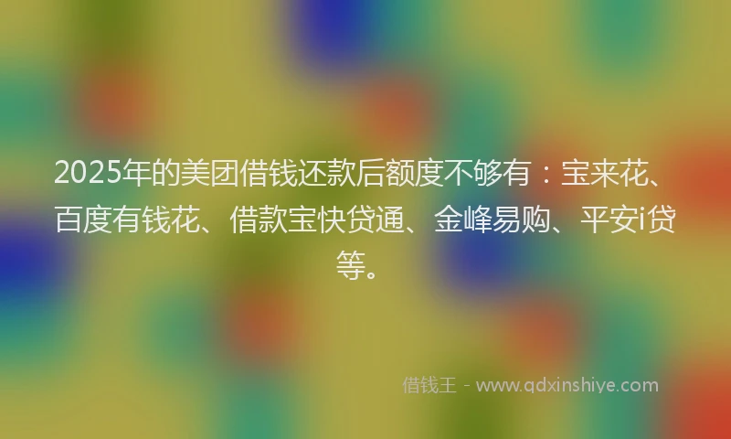 2025年的美团借钱还款后额度不够有：宝来花、百度有钱花、借款宝快贷通、金峰易购、平安i贷等。